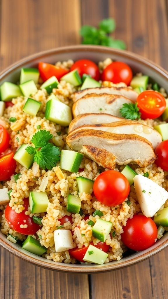 A colorful quinoa salad with chicken, cucumbers, and tomatoes, garnished with parsley on a rustic table.